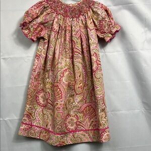Southern Sunshine Kids Pink and green paisley smocked Bishop puff sleeve dress